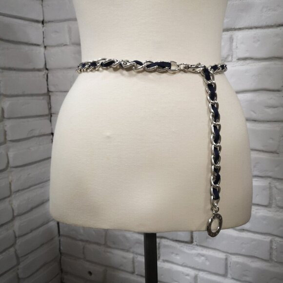 Michael Kors Adjustable Silver Tone Chain Link with a Navy Material Weave Belt - Picture 1 of 3